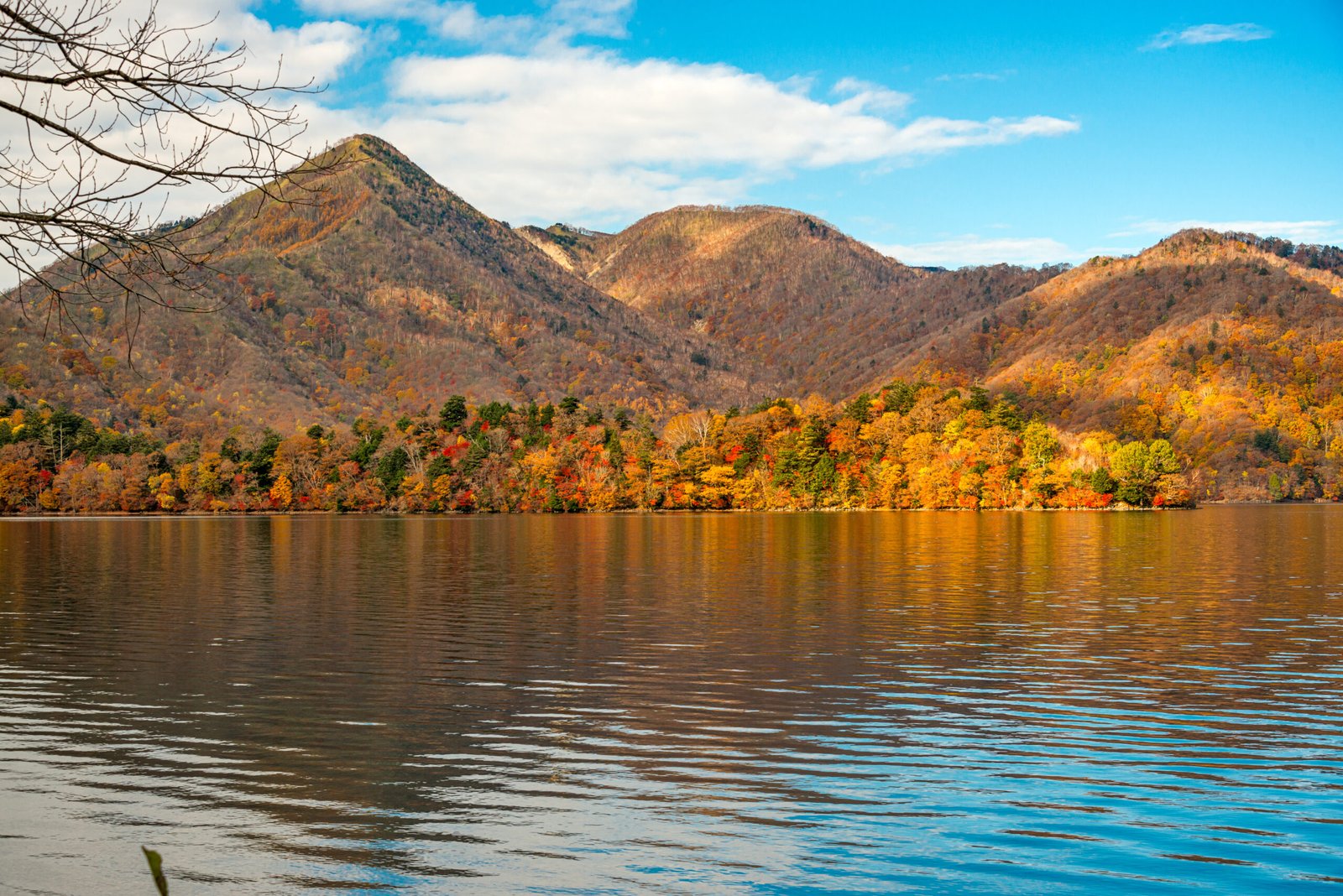 Fall foliage on the Mountains around Lake Chuzenji in Nikko, Japan.